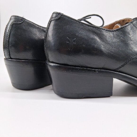 Frye Carson Oxford Black Leather Lace Up Low Stacked Heel Almond Toe SZ 7 - Picture 10 of 12